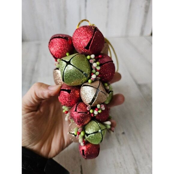 Large bell glitter red green sparkle unique decor ornament Xmas tree - Picture 6 of 7